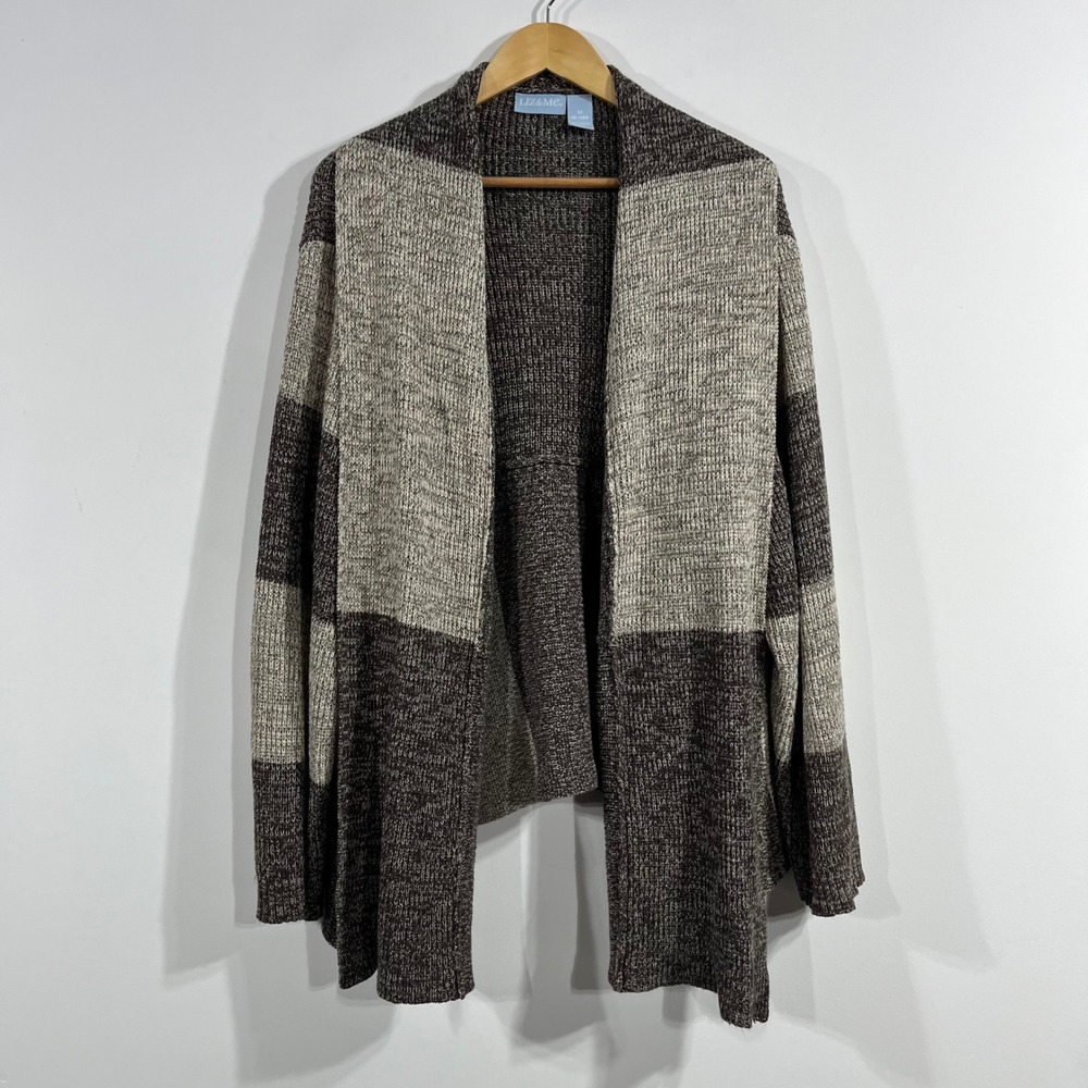Liz & Me Womens 3X Brown Colorblock Knit Open Front Cardigan Sweater Coastal
